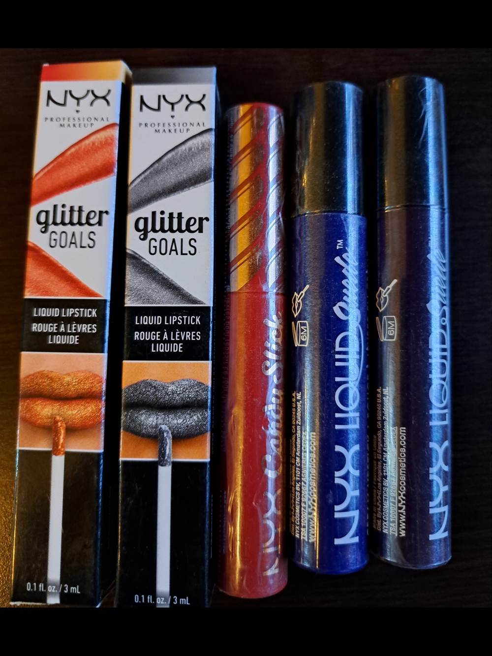 NYX Glitter Goals & Liquid Suede Lipsticks — Orange, Silver, Red, Blue, Purple